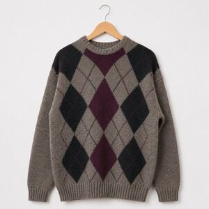 Lord Jeff Mens Shetland Wool Argyle Sweater Grey Burgundy Made in Ireland Large